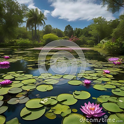 A pond covered in lily pads that bloom into radiant, living mandalas when touched1 Stock Photo