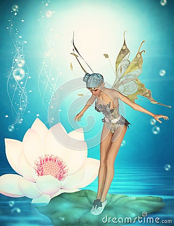 Pond fairy on waterlily Cartoon Illustration