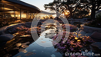 A pond with flowers and a building with a glass in the background Stock Photo