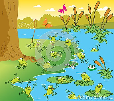 Pond with the frogs Vector Illustration