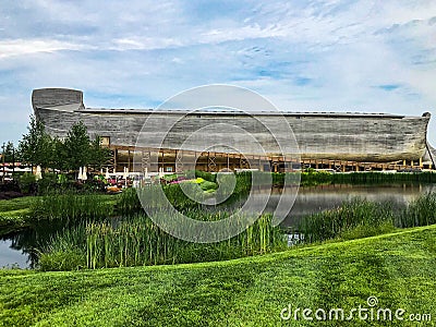 A Pond and Garden in Front of The Ark Encounter. Life Sized Noah`s ark Stock Photo