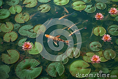 Pond goldfish lotus. Generate Ai Stock Photo