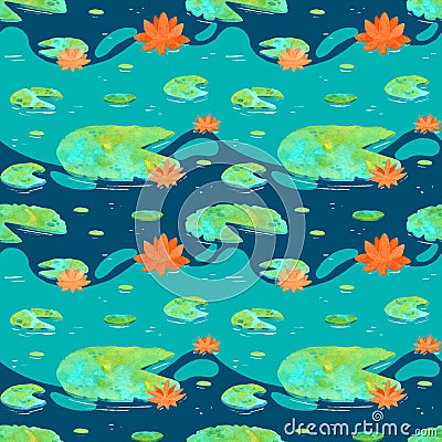 Pond plants watercoolor illustration with reeds, water lilies and grass seamless pattern. Cartoon Illustration