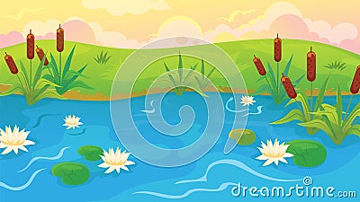 Pond With Reeds And Lilies Vector Illustration
