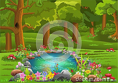 Pond surrounded by flowers in the middle of the forest Vector Illustration