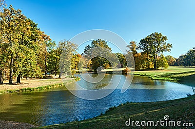 Pond and trees in the garden of the Muskauer park Stock Photo