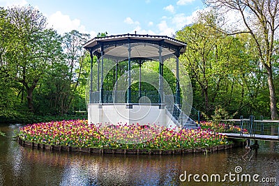 Pond and tulips in Vondelpark Stock Photo