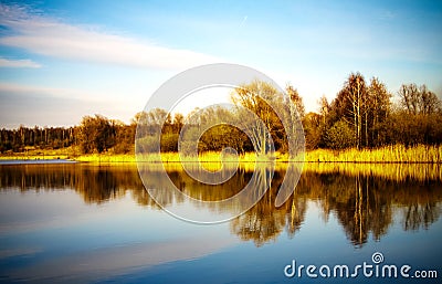 Pond water surface with reflection Stock Photo