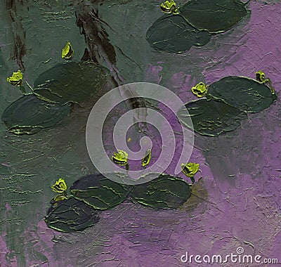 Pond with yellow water lilies, oil painting with volumetric strokes. Autumn landscape. Best for backgrounds, wallpaper, fabric Stock Photo