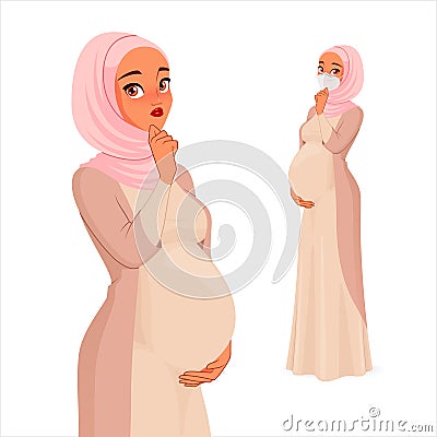 Pondered pregnant Muslim woman with hand on her chin. Vector character. Vector Illustration