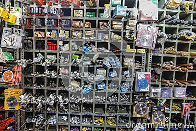 Illustrative editorial image. Showcase of tool store with different brands. Hardware store in India Editorial Stock Photo