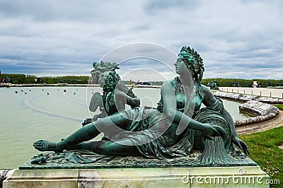 Ponds Water Parterres and statues in front of the Palace of Versailles Editorial Stock Photo