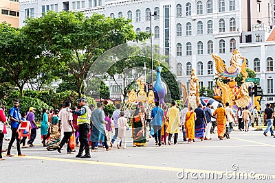 Pongal Festival Procession, harvest indian festival, taking place in January in Little India district in Singapore Editorial Stock Photo