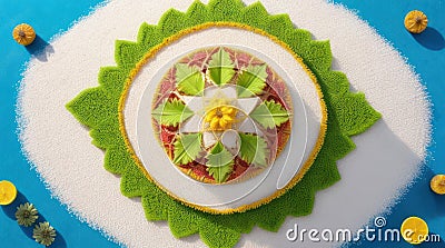 Pongal - harvest festival in India, Kolam - traditional Indian drawing, top view, bright drawing Stock Photo