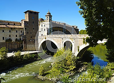 The Pons Fabricius or Ponte dei Quattro Capi, is the oldest Roman bridge in Rome, Italy Stock Photo