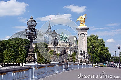 Pont Alexandre III Bridge and Grand Palace, Paris France. Stock Photo