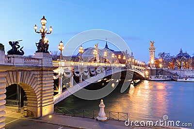 Pont Alexandre III and Grand Palais at dusk, Paris Stock Photo