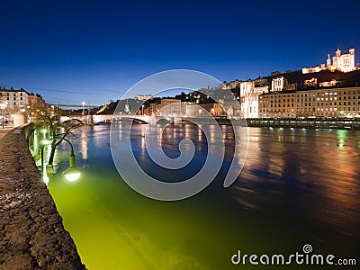 Pont Bonaparte and Saone riverbank, Lyon Stock Photo