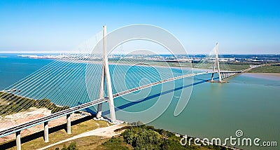 Aerial view, Pont de Normandie, bridge crossing river Seine in France Stock Photo