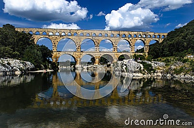 Pont du Gard and Blue Cloudy Skies Stock Photo