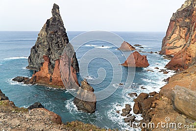 Ponta de Sao Lourenco cliffs, rocks and mountains in Atlantic ocean, Madeira, Portugal Stock Photo