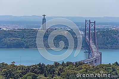 Ponte 25 de abril bridge and cristo rei monument panoramic view lisbon Stock Photo