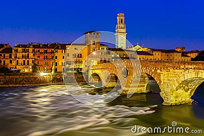 Ponte Pietra and Adige at night, Verona, Italy Stock Photo