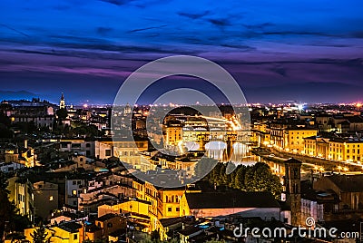 Ponte Vecchio night view over Arno river, Florence Stock Photo