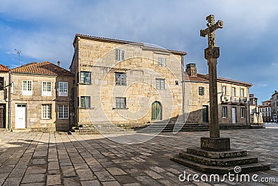 Pontevedra, Spain, September 16, 2023. Plaza Alonso de Fonseca and stone cross in the city of Pontevedra. Editorial Stock Photo