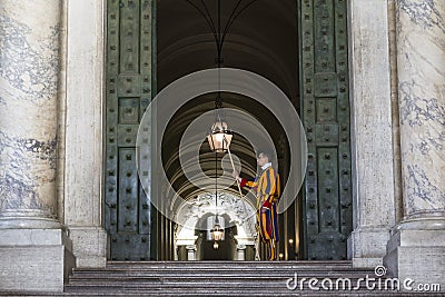 Pontifical swiss guard, stand guard in Vatican City Editorial Stock Photo