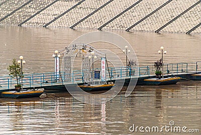 Pontoon pedestrian bridge at river boat terminal, Fengdu, China Editorial Stock Photo