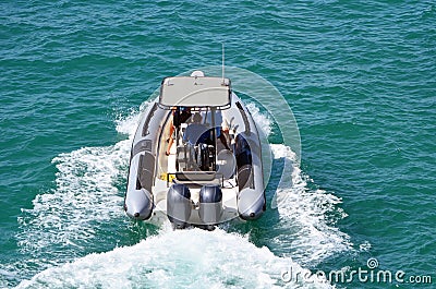 Pontoon Sports Fishing Boat Powered by Two Outboard Engines Stock Photo