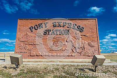 Pony Express Sign, Hollenberg Ranch, Off Route 36, Nebraska marks the spot in 1860/61 that Pony Express functioned Editorial Stock Photo