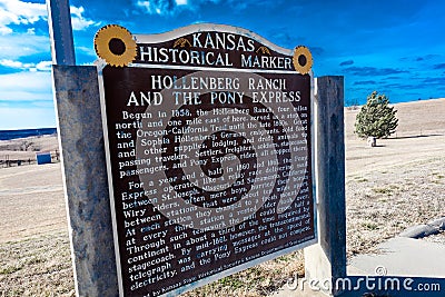 Pony Express Sign, Hollenberg Ranch, Off Route 36, Nebraska marks the spot in 1860/61 that Pony Express functioned Editorial Stock Photo