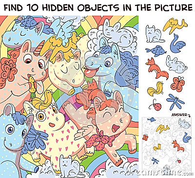 Pony pattern. Find 10 hidden objects in the picture Vector Illustration