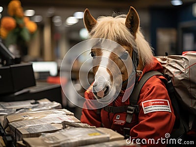 Pony in postal uniform delivering mail Stock Photo