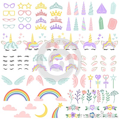 Pony unicorn face elements. Pretty hairstyle, magic horn and little fairy crown. Unicorns head creative vector Vector Illustration