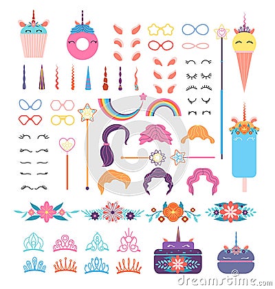 Pony unicorn face elements. Unicorns head with hairstyle, mane and horn. Crowns and glasses, wings and flowers, rainbow Vector Illustration