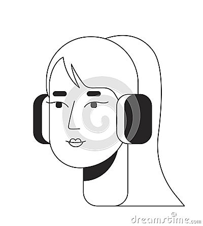 Ponytail young adult woman headphones black and white 2D line cartoon character head Cartoon Illustration