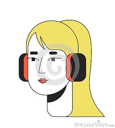 Ponytail young adult woman headphones 2D linear cartoon character head Vector Illustration