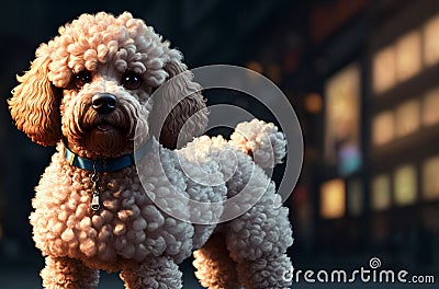 Poodle in city. Cute curly dog on walk along city street. Generative AI. Stock Photo