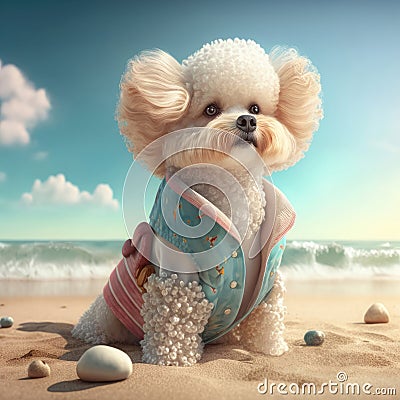Poodle dog in summer beach attire. Summer poodle dog breed pet wearing cute outfit. Stock Photo