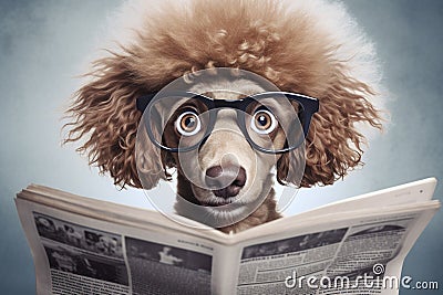 A poodle dog wearing glasses is reading a newspaper and is very surprised Stock Photo