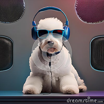 A poodle with a pair of headphones, jamming out to music on a high-end audio system3 Stock Photo