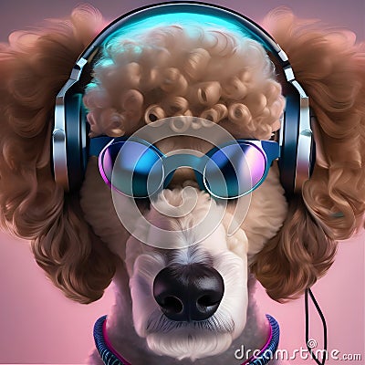 A poodle with a pair of headphones, jamming out to music on a high-end audio system2 Stock Photo