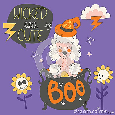 Poodle in wizard Halloween costume illustration. Cute spooky poodle dog cartoon design element. Vector Illustration