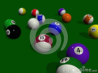 Pool balls on a green billiard table Cartoon Illustration