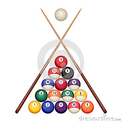 Pool billiard balls starting position with crossed wooden cues vector Vector Illustration
