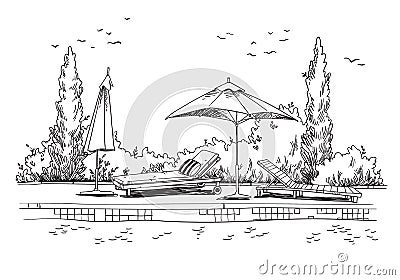 By the pool. Black and white quirky sketch of sunbeds by the pool Vector Illustration