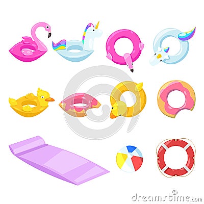 Pool cute kids inflatable floats, vector isolated design elements. Unicorn, flamingo, duck, ball, donut icons. Vector Illustration